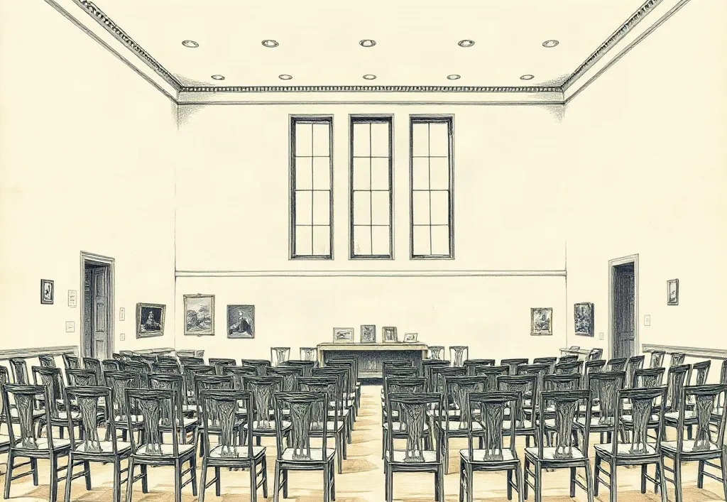 Salle d'assemblée vide, rangées de chaises disposées en demi-cercle face à une estrade basse.