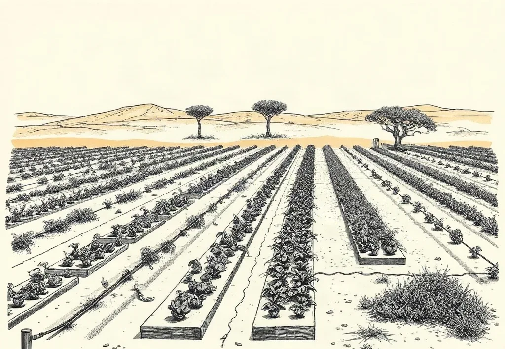 Parcelles maraîchères irriguées au Sahel, planches rectangulaires, ligne de goutte-à-goutte et pompe solaire.