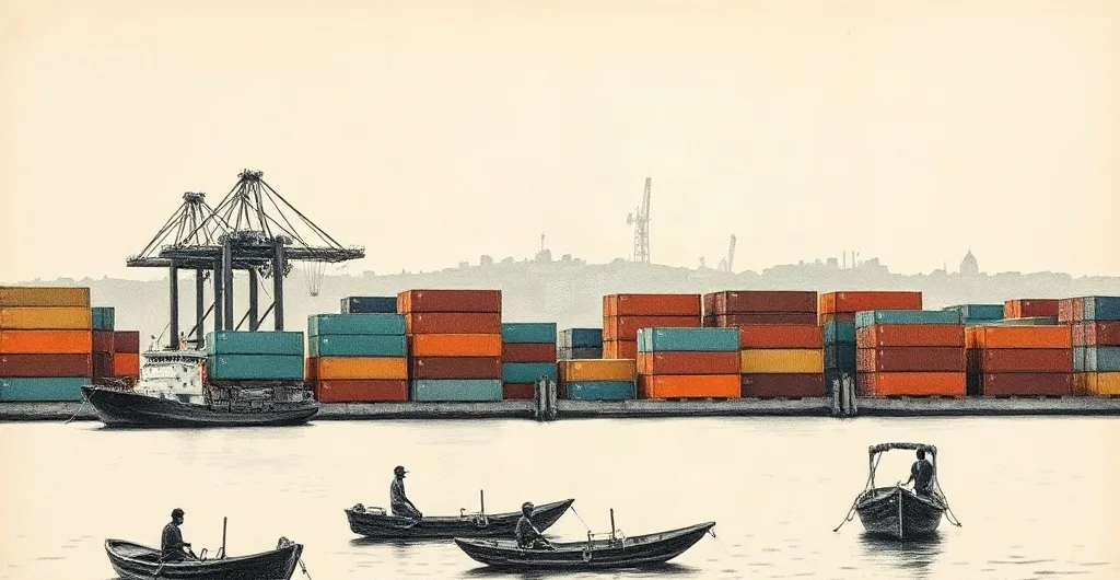 Port de commerce ouest-africain, portiques et conteneurs vus depuis l'eau, pirogues au premier plan.